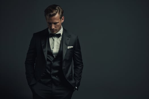 Classy Fashion Model in evening Suit with Midnight Black elegant Males portrait Showcasing Formal Lifestyle photo