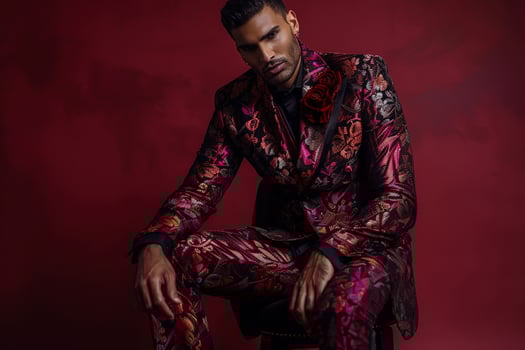 elegant Male Model in a Brocade Suit with Deep Burgundy Background Highlighting Sophisticated Maleswear Style and Luxe Lifestyle photo