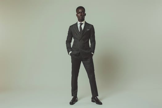 Trendy Fashion Model in Tailored Suit with Subtle pinstripes and Cream Background perfect for Stylish and elegant Maleswear portraits photo