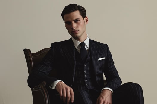 Upscale Fashion Model in Tailored Suit with Subtle pinstripes and Cream Background Ideal for Stylish and Modern Maleswear portraits photo