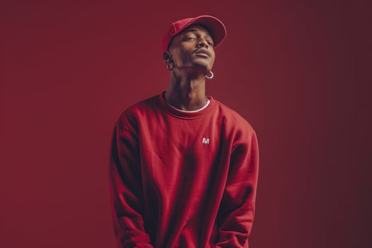Relaxed Male Fashion Model in Sweatshirt with Burgundy Background Capturing Laid Back Fashion Style and Comfortable Lifestyle photo