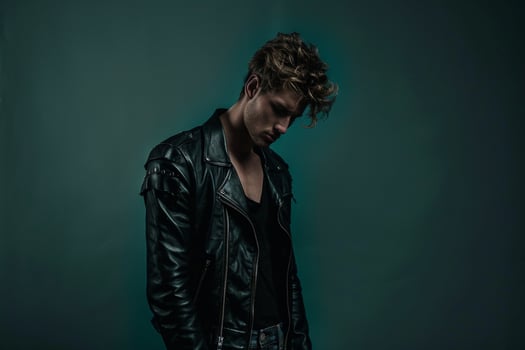 Fashion Model in leather Jacket and Jeans with Dark Green Background Lifestyle portrait Trendy Males Fashion Classic leather Jacket Style photo