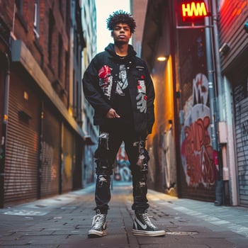Stylish Fashion Model in Streetwear with Graphic prints and StateMalet Footwear Urban Alley Background Modern Males portrait Trendy Fashion Look photo