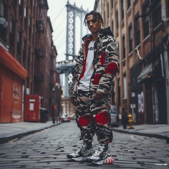 Fashion Model in Streetwear with Graphic prints and StateMalet Footwear Urban Alley Background Trendy Males portrait Fashion Lifestyle portrait photo