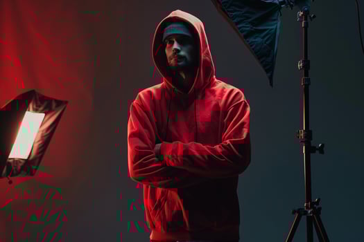 Fashion Model Dressed in a Cozy Hoodie in Black Velvet male dress Trendy portrait Fashion withBlack Lifestyle apparel photo