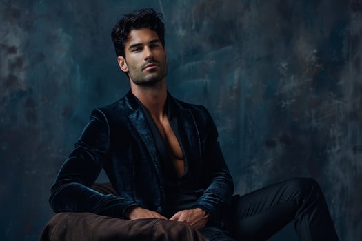 elegant Velvet Smoking Jacket on Male Model Dark Blue Lifestyle portrait Featuring Modern Fashion and Chic Appeal photo