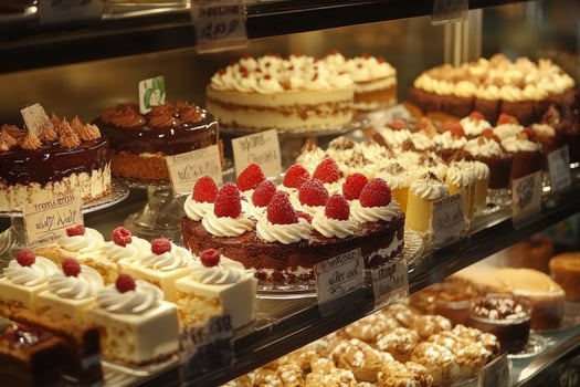 Assortment of desserts with fruits, displayed on a wooden counter under lighting. photo