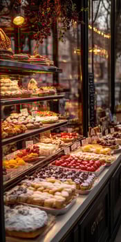 Assortment of desserts with fruits, displayed on a wooden counter under lighting. photo