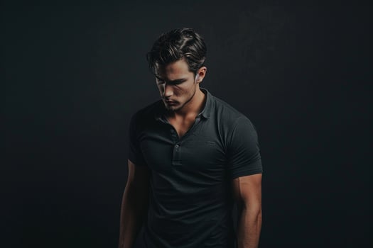 Stylish Fashion Model in a Henley shirt with acharcoal black Lifestyle Males portrait Fashion Male Background presenting a contemporary and costume fashion portrait in the male dress photo