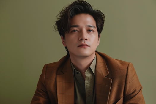 Handsome Fashion Model in Trendy Olive Green Blazer elegant portrait with Modern Lifestyle Background perfect for Fashion Industry Showcases photo