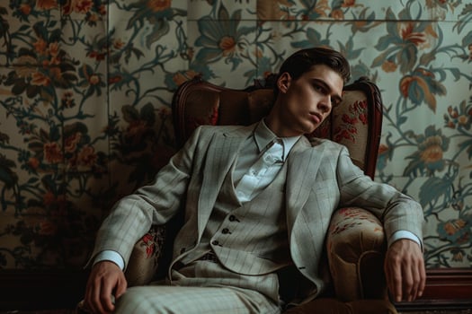 Fashion Model in Vintage Suit Old Fashioned Wallpaper Background Classic Male portrait Timeless and Stylish Look photo