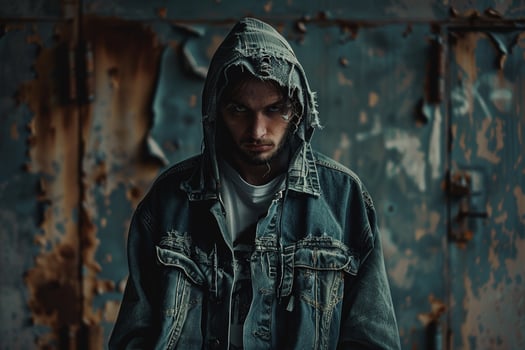 Trendy Fashion Model in Industrial Steel Distressed Hoodie Modern Lifestyle portrait with Stylish and Fashionable Look photo