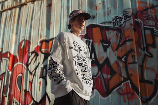 Fashion Model in Graphic Sweatshirt with Graffiti Trendy Modern portrait with Fashionable Background photo
