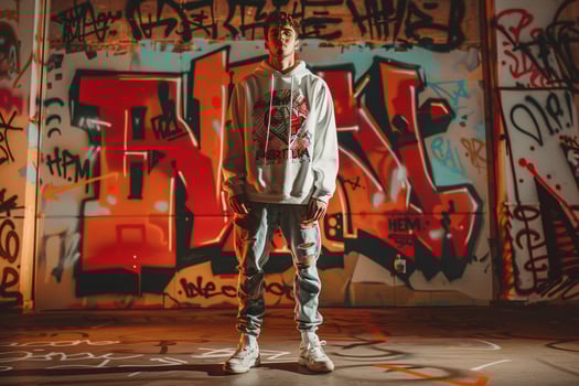 Fashion Model in Graphic Sweatshirt with Graffiti Trendy Modern portrait with Fashionable Background photo