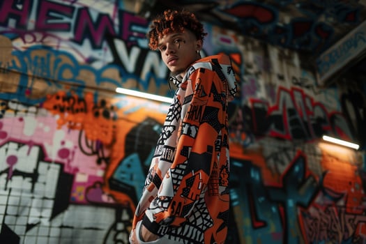 Fashionable Model in Graphic Sweatshirt with Graffiti Modern portrait with Trendy Fashion edge photo