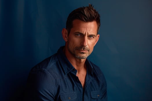 Stylish Model in Deep Blue Henley Shirt Trendy Modern Lifestyle portrait with Fashionable Appeal photo