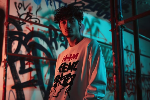 Fashionable Model in Graphic Sweatshirt with Graffiti Trendy portrait with Stylish Fashion Background photo