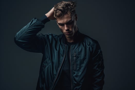 Fashion Model in Urban Bomber Jacket in Graphite Black Trendy Modern portrait with Stylish Look photo