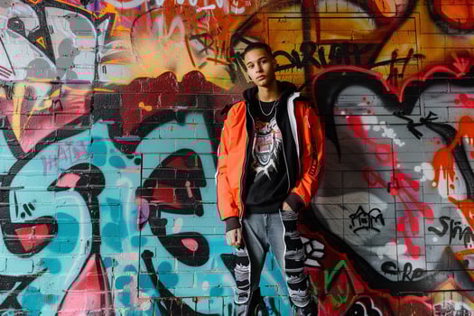 Streetwear ensemble Model Modern Urban Lifestyle portrait with Graffiti Wall Trendy and Stylish Fashion Background for a Fashionable Male Look photo