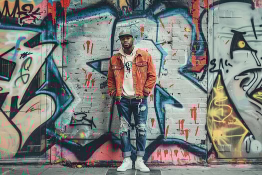 Trendy Streetwear ensemble Model Modern Lifestyle portrait with Graffiti Wall Background Stylish Urban Male Fashion with a Contemporary edge photo