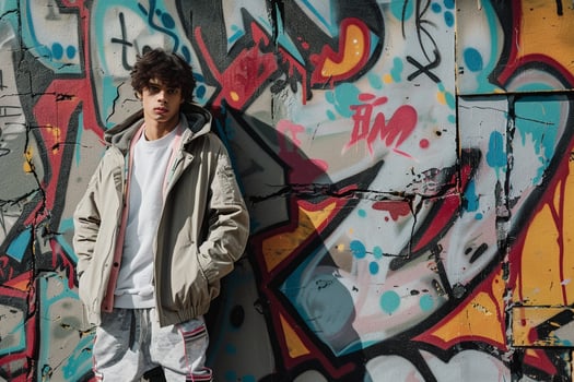 Streetwear ensemble Fashion Model Trendy Urban portrait with Graffiti Wall Background Stylish and Modern Male Fashion Look with an Urban Vibe photo