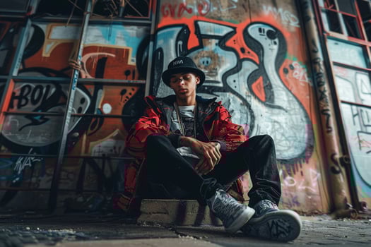 Handsome Fashion Model in streetwear standing before agraffiti wall in a male dress Urban lifestyle portrait with a boldLifestyle Males portrait Fashion Male Background photo