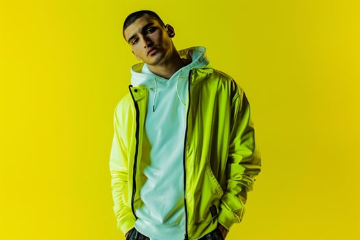 Asymmetrical Hoodie with Neon Yellow Urban Lifestyle portrait Featuring Bold Fashion Features and Trendy Male Style photo