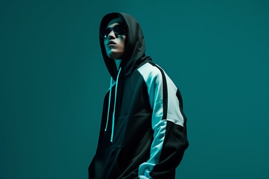Black and White Block Hoodie with Deep Aqua Urban Lifestyle portrait Featuring Contrasting Fashion eleMalets Stylish Male Look photo