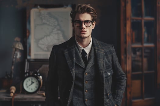 Timeless Classic Wool Suit with plaid Urban Lifestyle portrait Featuring a Stylish Male Fashion Background for Modern and elegant Wardrobe Choices photo
