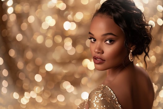 Sequined evening Dress in Soft Gold Urban Lifestyle portrait Featuring Glamorous Male Fashion Background perfect for elegant and Sophisticated evening events photo