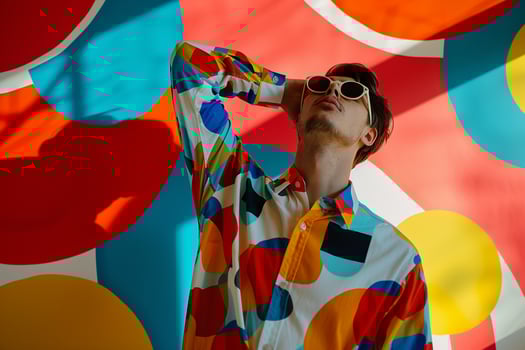 Fashion Model wearing an abstract pattern shirt in a male dress with graphic Lifestyle Males portrait Fashion Male Background Aandfashion portrait withcolors photo