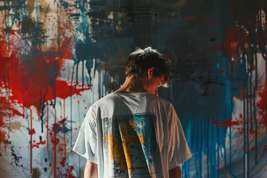 Graphic Tee with Brushstrokes Male Fashion Model Trendy portrait Modern Background Fashionable Graphic Tee Stylish Lifestyle Contemporary Apparel photo