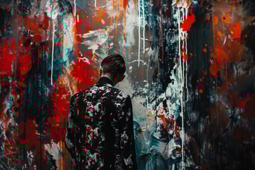 Art Inspired Blazer with Abstract Art on Male Fashion Model Trendy portrait Modern Background and Stylish Males Apparel photo