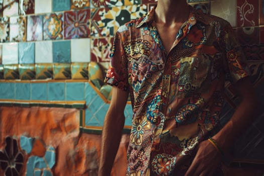 Fashionable male model in a patterned shirt with mosaic tile background creating a unique portrait with a dynamic design highlighting modern Males fashion photo