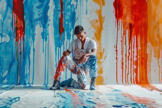 Overalls with paint Drips Chic Lifestyle portrait of Male Fashion Model with Artistic Background Modern and Trendsetting Fashion Design photo