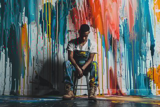 Stylish Male Model in paint Dripped Overalls Unique portrait Against Bold Background Highlighting Creative Males Fashion and Lifestyle photo