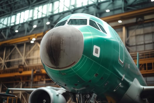 Green Aircraft Nose in Large Warehouse Hangar with Industrial Background photo