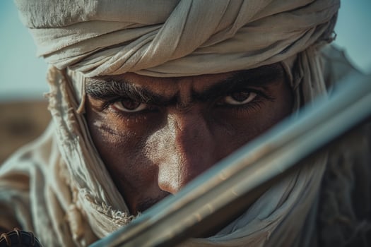 Intense Desert Warrior with Sword Ready for Battle, Focused Eyes, Traditional Clothing, Dramatic Closeup Portrait photo