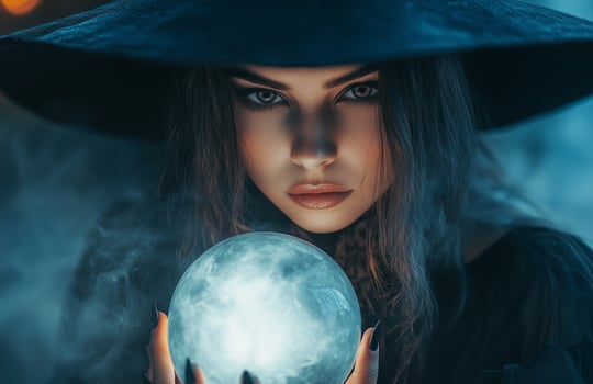 A beautiful woman in a black witch costume holds a glowing crystal ball with mystic energy photo