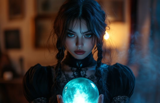 A beautiful woman in a black witch costume holds a glowing crystal ball with mystic energy photo
