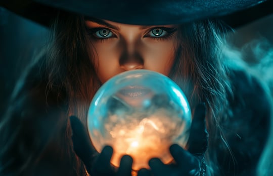 A beautiful woman in a black witch costume holds a glowing crystal ball with mystic energy photo