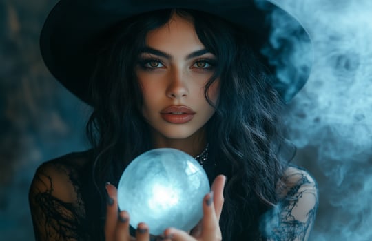 A beautiful woman in a black witch costume holds a glowing crystal ball with mystic energy photo