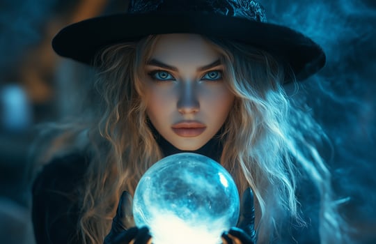 A beautiful woman in a black witch costume holds a glowing crystal ball with mystic energy photo
