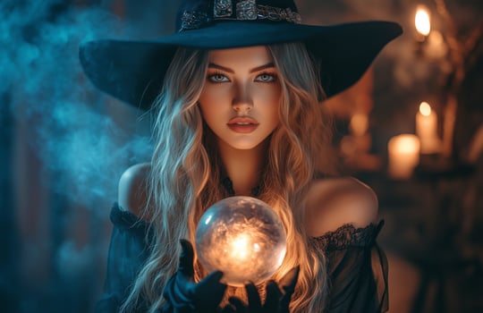 A beautiful woman in a black witch costume holds a glowing crystal ball with mystic energy photo