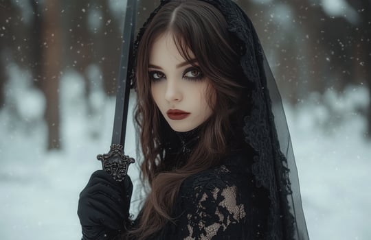 A female vampire with pale skin, long brown hair, wearing a black veil and gloves, holding a dagger photo