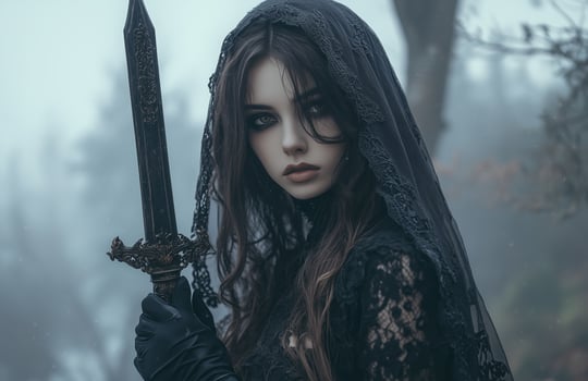 A female vampire with pale skin, long brown hair, wearing a black veil and gloves, holding a dagger photo