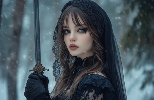 A female vampire with pale skin, long brown hair, wearing a black veil and gloves, holding a dagger photo