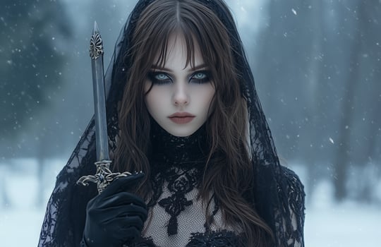 A female vampire with pale skin, long brown hair, wearing a black veil and gloves, holding a dagger photo