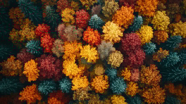 Aerial drone view of a dense forest in autumn with a patchwork of colorful leaves as natural mosaic photo