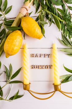 Vertical background of the Jewish of Sukkot with traditional symbols of the holiday of joy and harvest. etrog, willow , palm branches and candles. photo